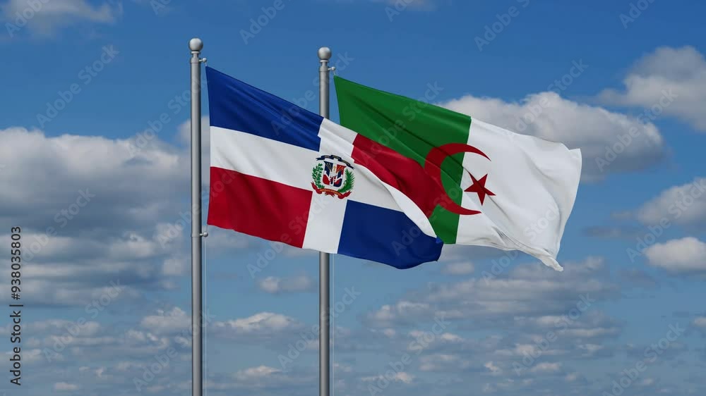 Algeria and Dominican flags flying together, video concept of the relationship, two country relations concept Algeria and Dominican flags flying together, video concept of the relationship, two country relations concept