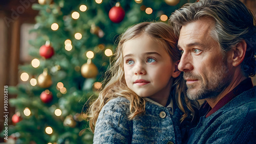 a father and a daughter are posing for a photo in front of a Christmas tree.
