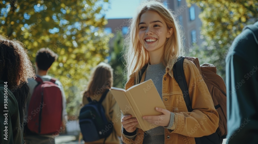 Fototapeta premium Golden Hour Student: A radiant young woman beams on a sunny campus, embracing the joy of learning amidst the vibrant autumn foliage. 