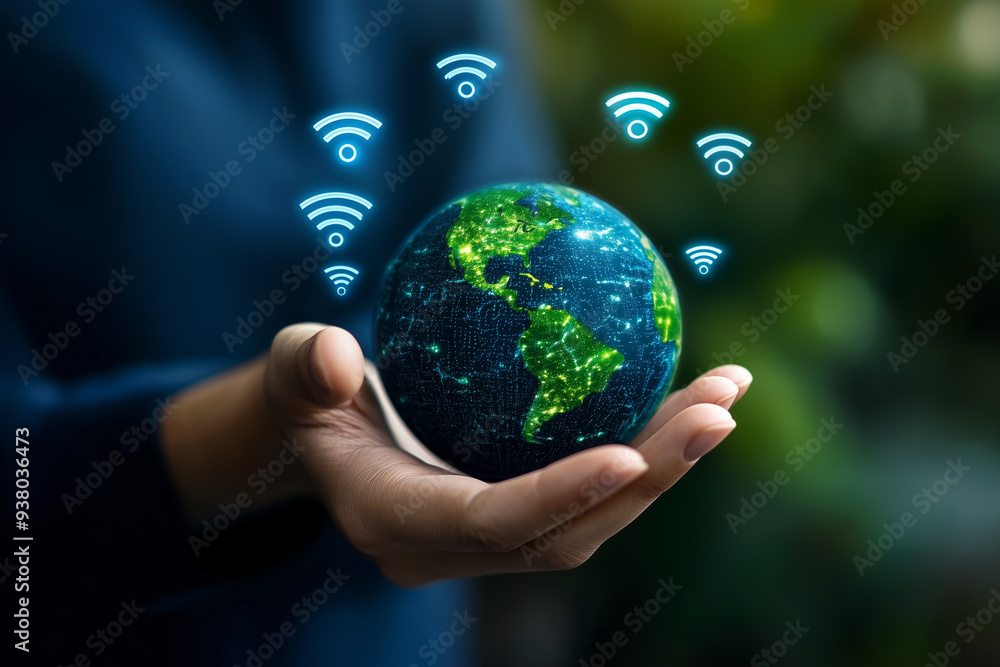 A hand holding the Earth, with multiple wifi signal icons floating around the Earth, against a dark background A hand holding the Earth, with multiple wifi signal icons floating around the Earth, against a dark background