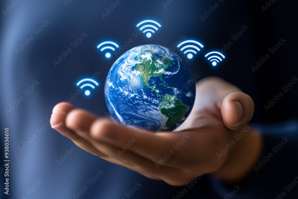 A hand holding the Earth, with multiple wifi signal icons floating around the Earth, against a dark background A hand holding the Earth, with multiple wifi signal icons floating around the Earth, against a dark background