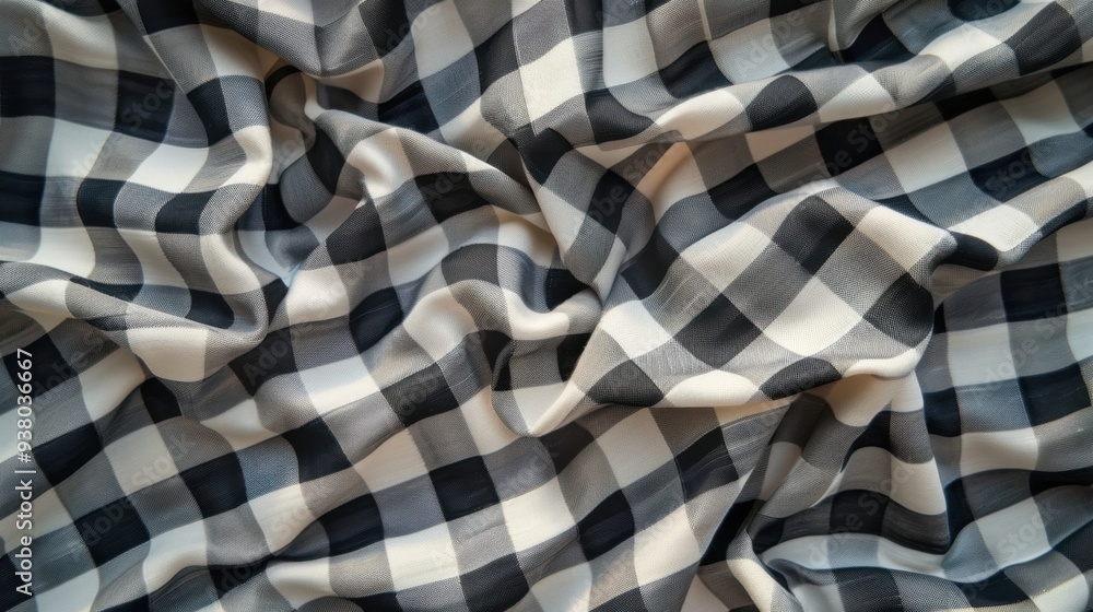 A flat lay of gingham fabric in classic black and white, creating a timeless, picnic-style background A flat lay of gingham fabric in classic black and white, creating a timeless, picnic-style background