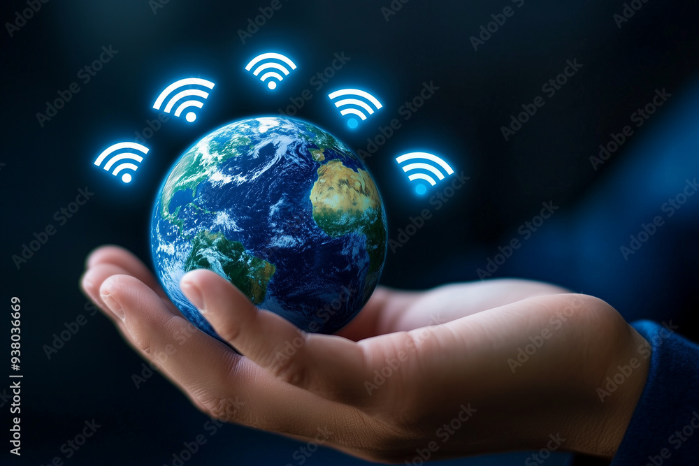 A hand holding the Earth, with multiple wifi signal icons floating around the Earth, against a dark background A hand holding the Earth, with multiple wifi signal icons floating around the Earth, against a dark background