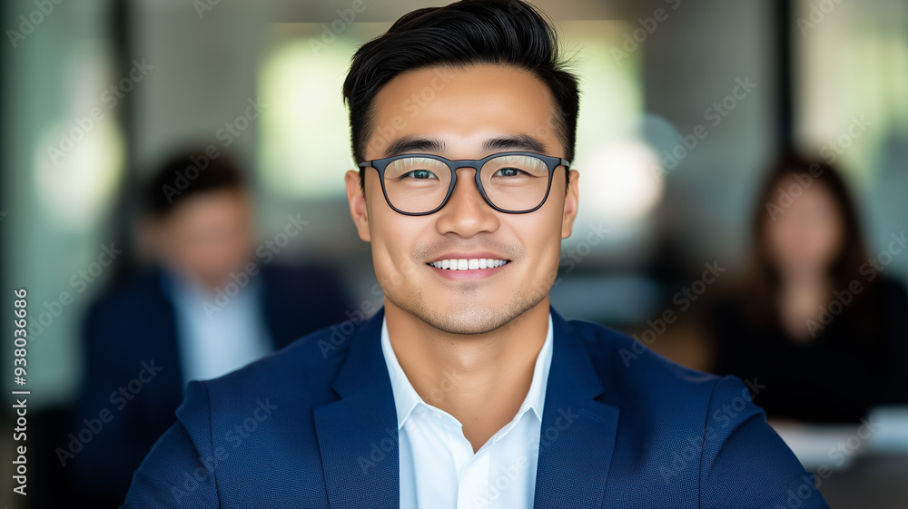 Cheerful East Asian male office worker smiling directly at the camera at a sleek conference table with blurred coworkers in the background Cheerful East Asian male office worker smiling directly at the camera at a sleek conference table with blurred coworkers in the background