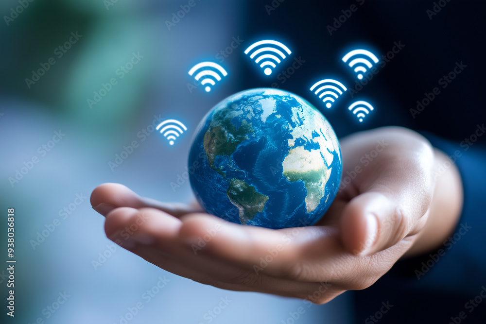 A hand holding the Earth, with multiple wifi signal icons floating around the Earth, against a dark background A hand holding the Earth, with multiple wifi signal icons floating around the Earth, against a dark background
