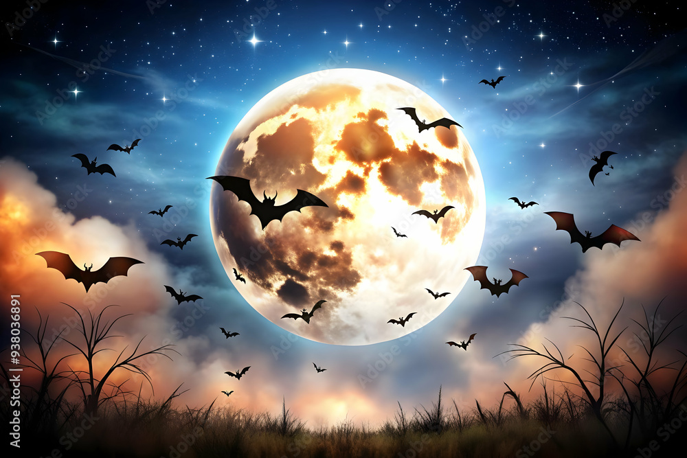Glossy Full Moon Background with Bats concept as A glossy background featuring a bright full moon with bats flying across the sky. The scene is perfect for Halloween party invitations or spooky event Glossy Full Moon Background with Bats concept as A glossy background featuring a bright full moon with bats flying across the sky. The scene is perfect for Halloween party invitations or spooky event