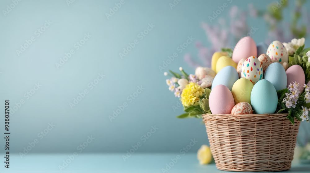 Close-up of an Easter basket brimming with decorated eggs, spring flowers, and a joyful arrangement, copy space Close-up of an Easter basket brimming with decorated eggs, spring flowers, and a joyful arrangement, copy space