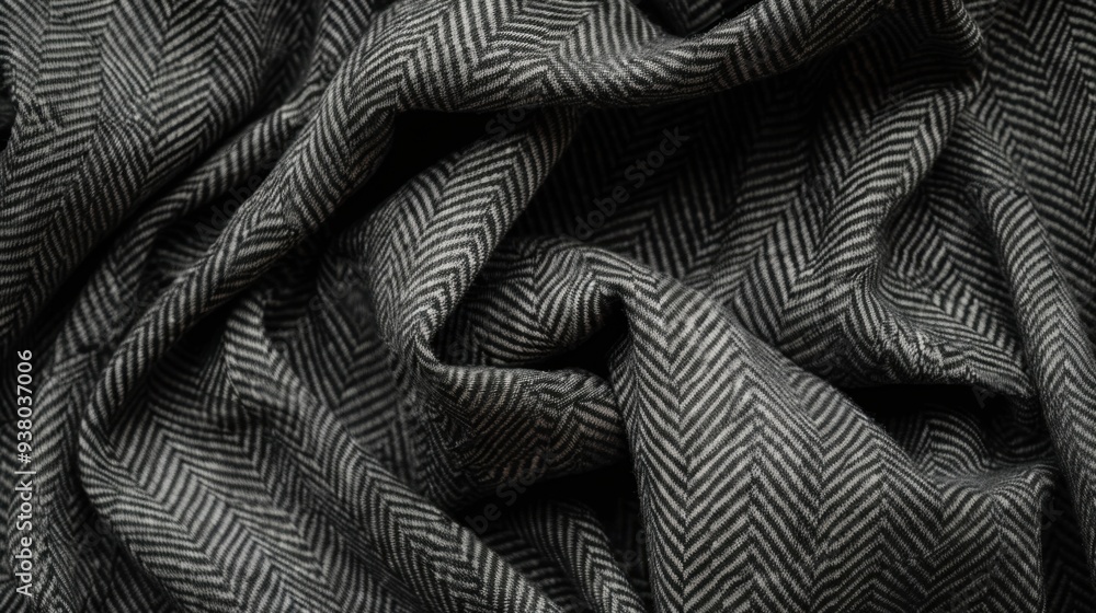 A flat lay of herringbone fabric in a classic charcoal grey, with its subtle, sophisticated pattern A flat lay of herringbone fabric in a classic charcoal grey, with its subtle, sophisticated pattern