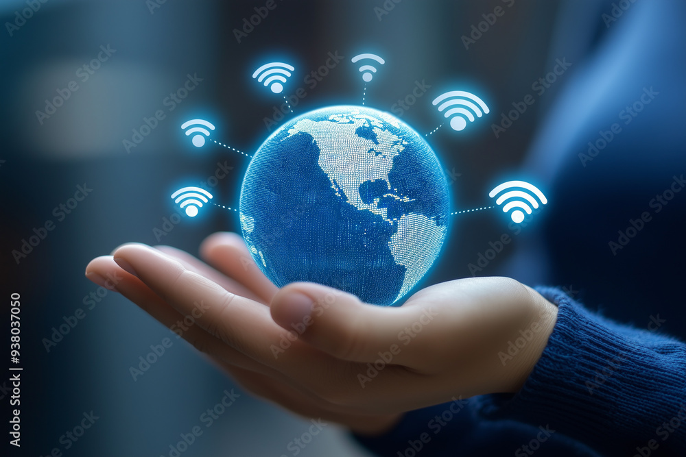 A hand holding the Earth, with multiple wifi signal icons floating around the Earth, against a dark background A hand holding the Earth, with multiple wifi signal icons floating around the Earth, against a dark background