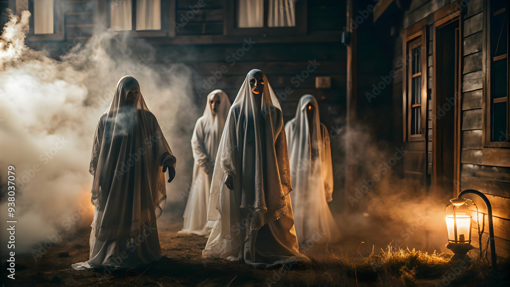 Glossy Ghostly Figures Background with Fog concept as A glossy background featuring ghostly figures emerging from the fog in a dark eerie setting. Ideal for horror themed Halloween advertisements or h Glossy Ghostly Figures Background with Fog concept as A glossy background featuring ghostly figures emerging from the fog in a dark eerie setting. Ideal for horror themed Halloween advertisements or h