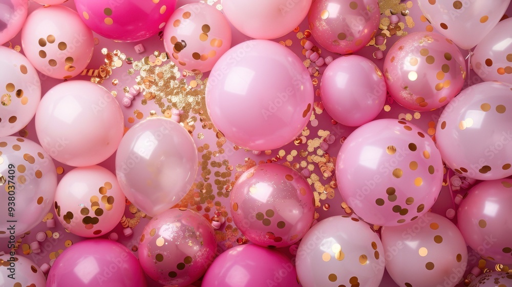 A flat lay of round balloons and confetti in shades of pink and gold, ideal for a glamorous birthday greeting card A flat lay of round balloons and confetti in shades of pink and gold, ideal for a glamorous birthday greeting card
