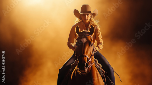 Cowgirl queen performing a precision riding routine on a spirited horse dust kicking up in dramatic lighting audience watching in awe action-packed rodeo scene 