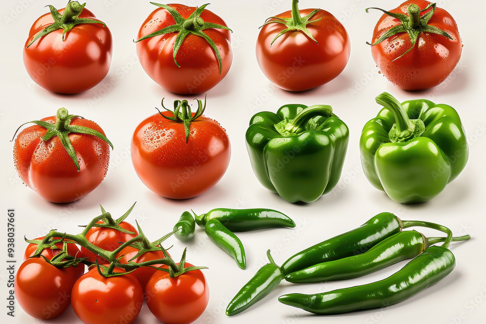 A fresh collection of ripe tomatoes, green peppers, and chili peppers. Perfect for salads, cooking ingredients, and healthy meal preparation. A fresh collection of ripe tomatoes, green peppers, and chili peppers. Perfect for salads, cooking ingredients, and healthy meal preparation.