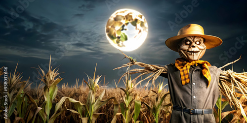 Glossy Scarecrow Background with Cornfield concept as A glossy background featuring a scarecrow in a dark eerie cornfield with glowing moonlight. The scene is perfect for Halloween themed advertisemen photo