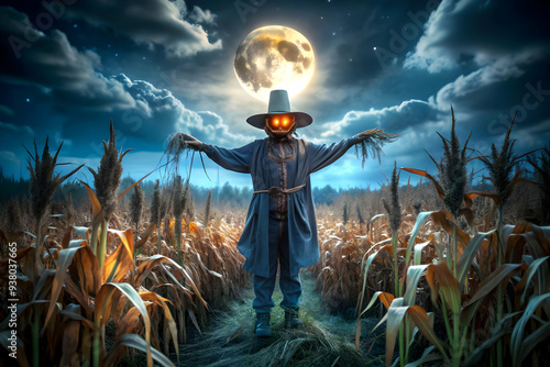 Glossy Scarecrow Background with Cornfield concept as A glossy background featuring a scarecrow in a dark eerie cornfield with glowing moonlight. The scene is perfect for Halloween themed advertisemen photo