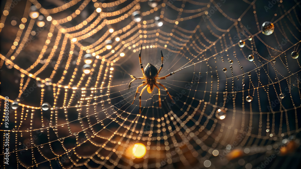 Fototapeta premium Glossy Spider Web Background with Dew Drops concept as A glossy background featuring a spider web glistening with dew drops against a dark eerie backdrop. Ideal for Halloween themed advertisements or 