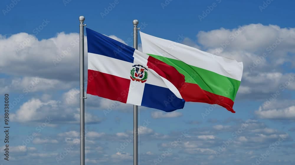 Bulgaria and Dominican flags flying together, video concept of the relationship, two country relations concept Bulgaria and Dominican flags flying together, video concept of the relationship, two country relations concept