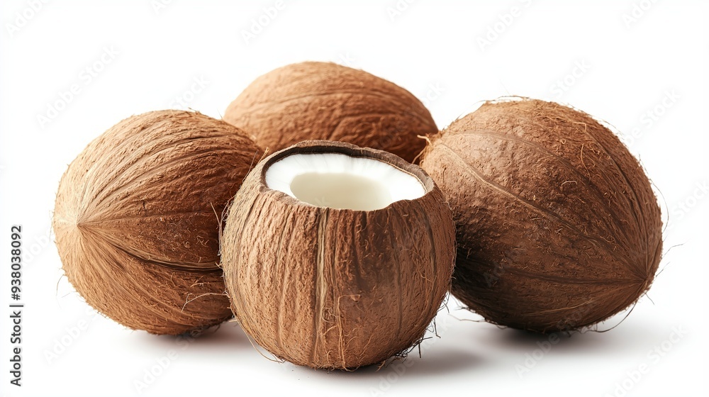 Four whole coconuts with one cracked open revealing the white flesh and coconut milk. Four whole coconuts with one cracked open revealing the white flesh and coconut milk.