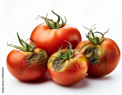 spoiled tomatoes with green tails on an isolated background photo