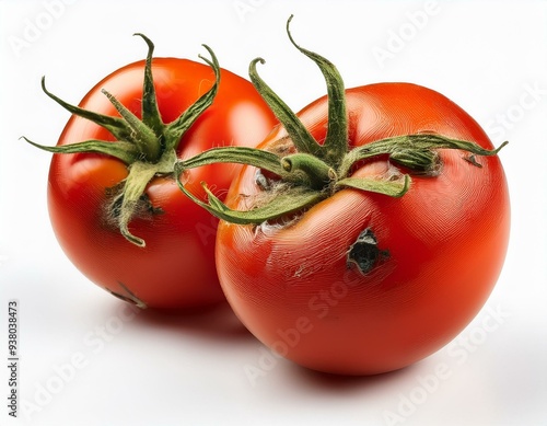 spoiled tomatoes with green tails on an isolated background photo