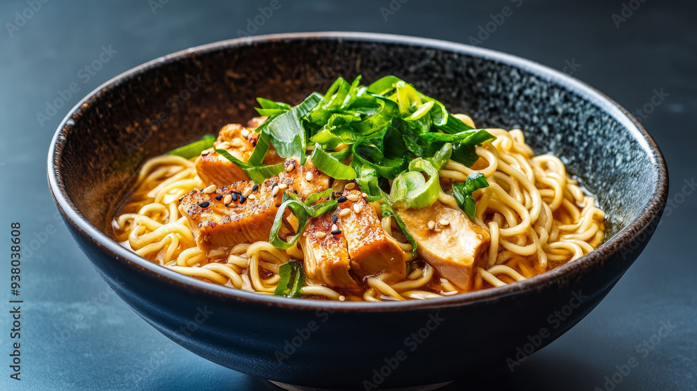 Elegant presentation of chicken noodles with intricate garnish dark moody setting with golden light emphasizing the richness of the broth and tender chicken Elegant presentation of chicken noodles with intricate garnish dark moody setting with golden light emphasizing the richness of the broth and tender chicken