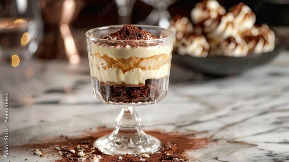 A glass of creamy tiramisu in a crystal glass, with layers of mascarpone and coffee-soaked ladyfingers A glass of creamy tiramisu in a crystal glass, with layers of mascarpone and coffee-soaked ladyfingers