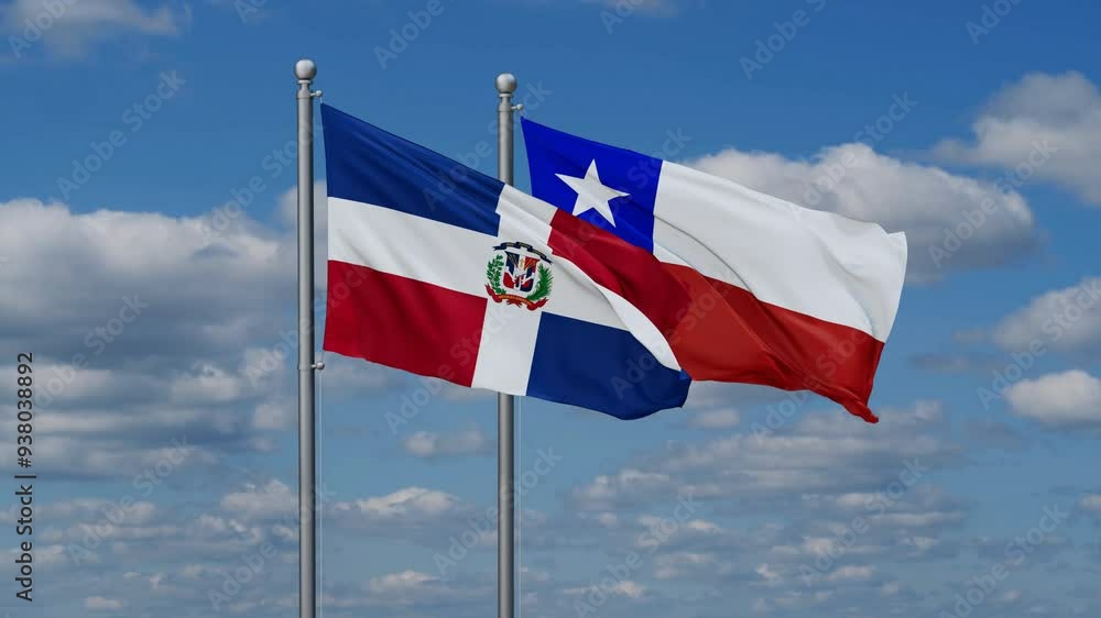 Chile and Dominican flags flying together, video concept of the relationship, two country relations concept Chile and Dominican flags flying together, video concept of the relationship, two country relations concept