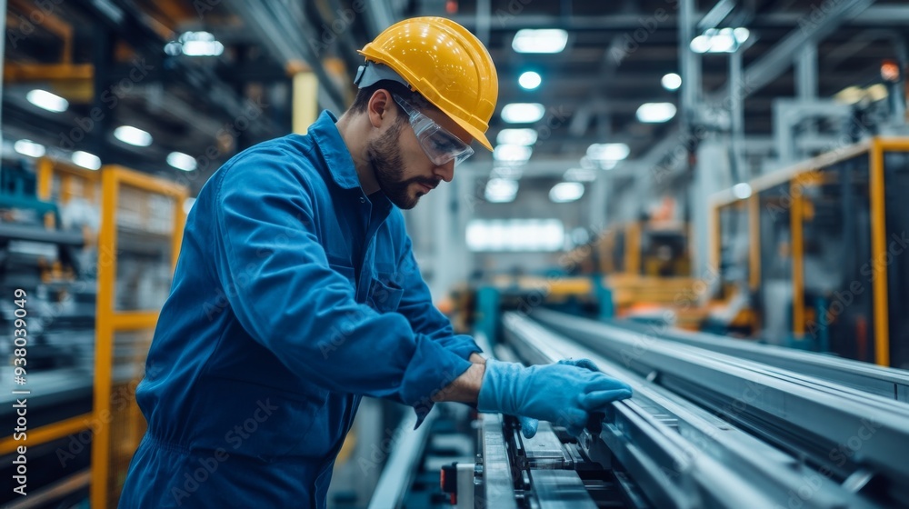 a production operator in a home appliance industry, wearing a blue uniform, hard hat and gloves, operating an assembly machine a production operator in a home appliance industry, wearing a blue uniform, hard hat and gloves, operating an assembly machine