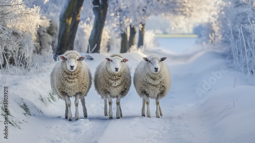 Three sheep stand in a snowy path in a winter wonderland.
