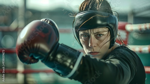 Woman in Boxing Gear: A woman in boxing gear, including gloves and headgear, practicing punches in a ring. 