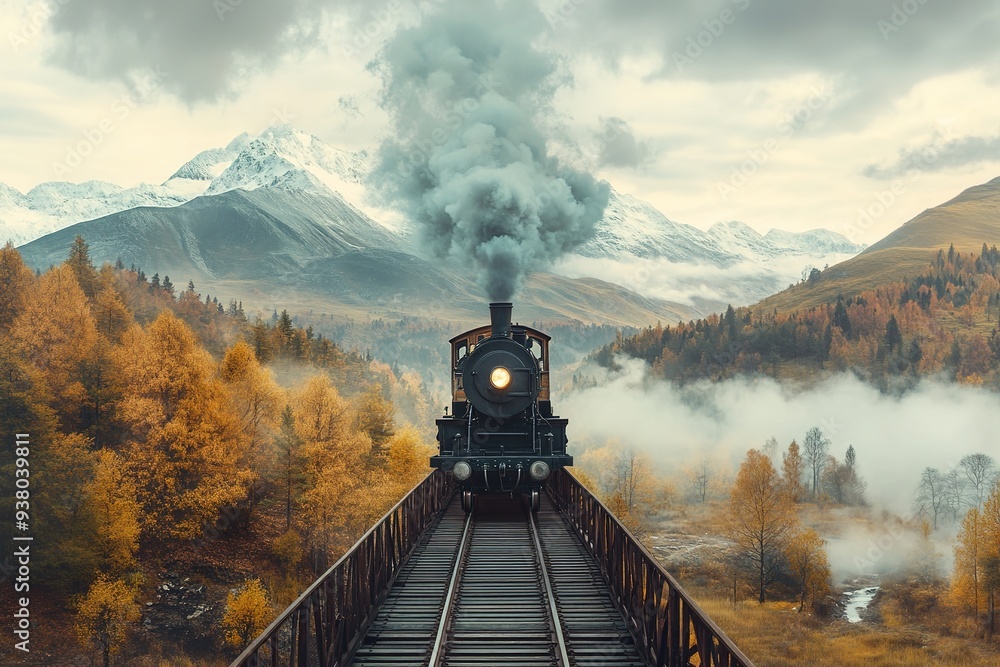 Fototapeta premium Vintage train on misty autumn bridge with mountains