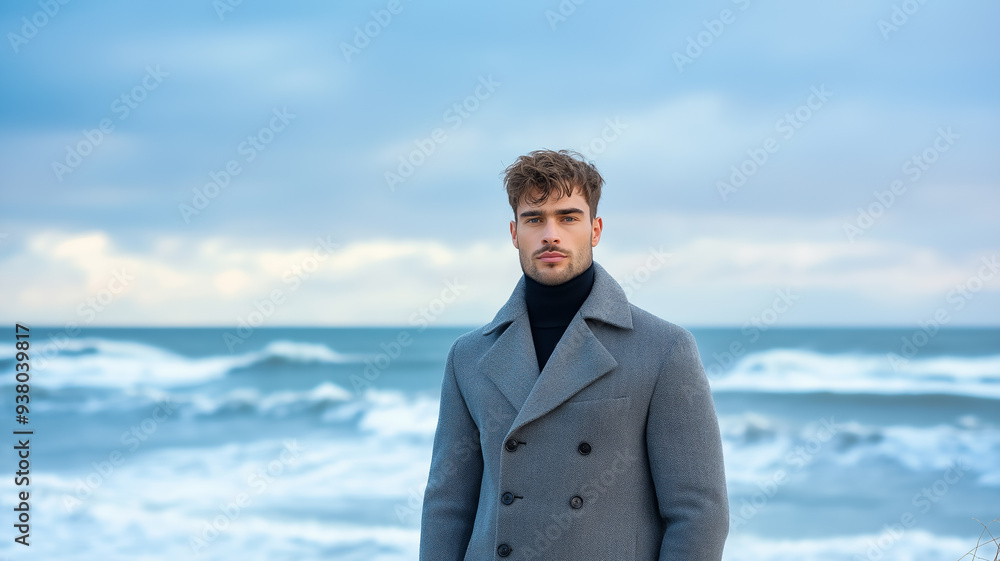 Handsome male model in a gray overcoat standing on a windswept beach waves crashing in the background coat billowing with the wind cool and rugged style Handsome male model in a gray overcoat standing on a windswept beach waves crashing in the background coat billowing with the wind cool and rugged style