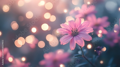 Pink Flower Blooming in Soft Sunlight with Bokeh Lights - A delicate pink flower blooms in the soft glow of sunlight, surrounded by a gentle bokeh effect of light. The image symbolizes beauty, new beg