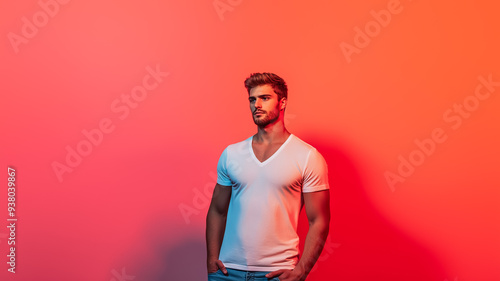 Handsome male model in a simple V-neck t-shirt leaning back with one hand in pocket gradient background with subtle metallic tones for a modern clean look  photo