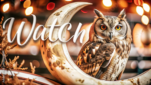 Holographic Owl and Moon with Watch Text concept as A sleek holographic owl and crescent moon with the word Watch in an elegant eerie font. The design is isolated on a white balance background offerin photo