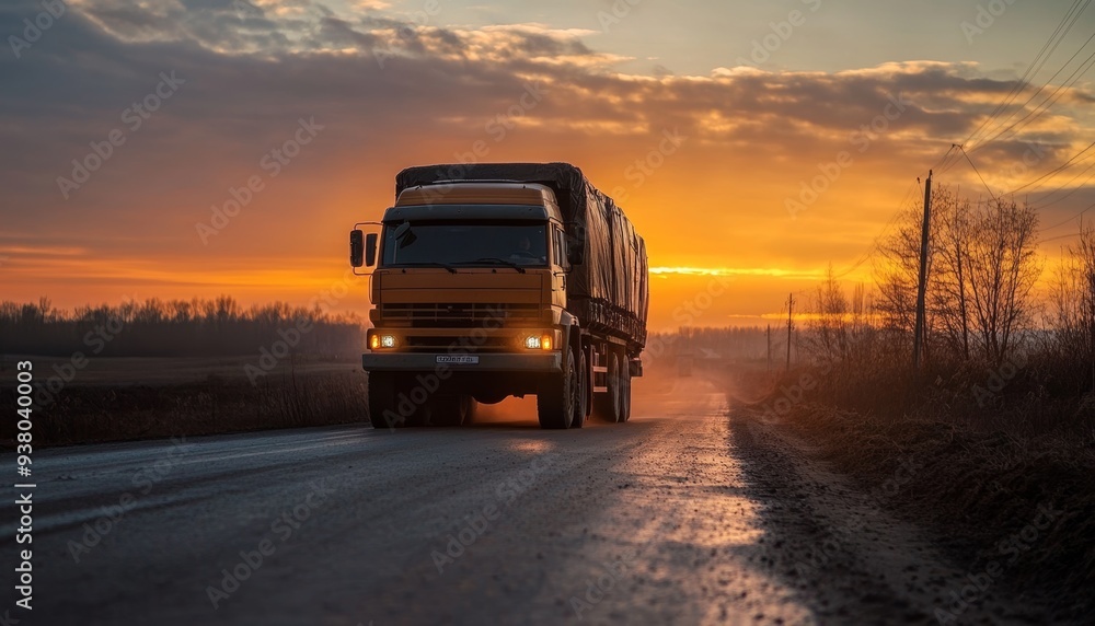 A truck driving on the road at sunset A truck driving on the road at sunset