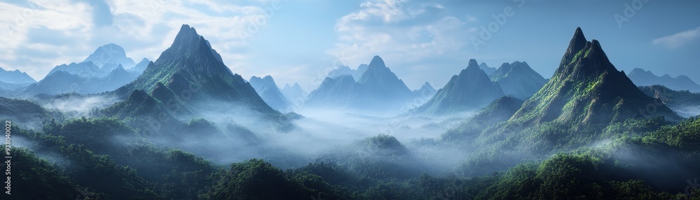 Majestic Mountain Range with Lush Greenery and Misty Valleys Under a Blue Sky Majestic Mountain Range with Lush Greenery and Misty Valleys Under a Blue Sky