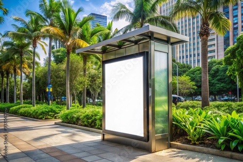 Vacant outdoor advertising space on a modern urban kiosk surrounded by lush tropical greenery, awaiting custom content, perfect for marketing and urban design concepts. photo