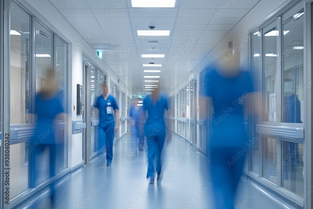 Busy hospital corridor with diverse doctors in motion Busy hospital corridor with diverse doctors in motion