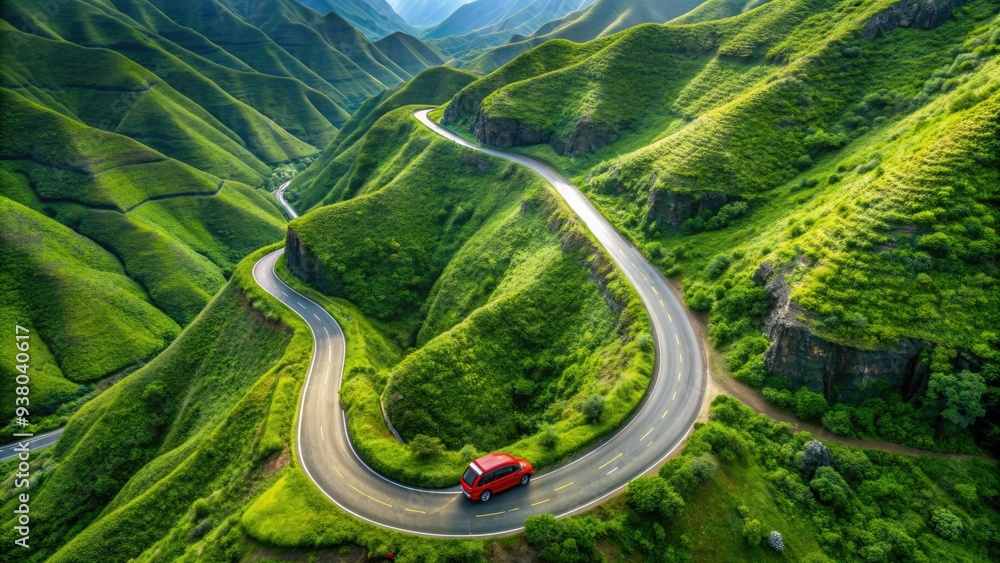 Aerial View Of A Red Suv Driving Through A Lush, Green Mountain Pass With Winding Roads. Aerial View Of A Red Suv Driving Through A Lush, Green Mountain Pass With Winding Roads.