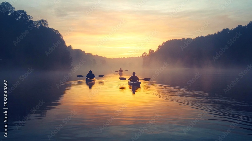 Serene kayak adventure at sunrise on a tranquil lake. The calming colors and misty atmosphere create a peaceful scene for nature lovers. Ideal for adventure and travel themes. AI Serene kayak adventure at sunrise on a tranquil lake. The calming colors and misty atmosphere create a peaceful scene for nature lovers. Ideal for adventure and travel themes. AI