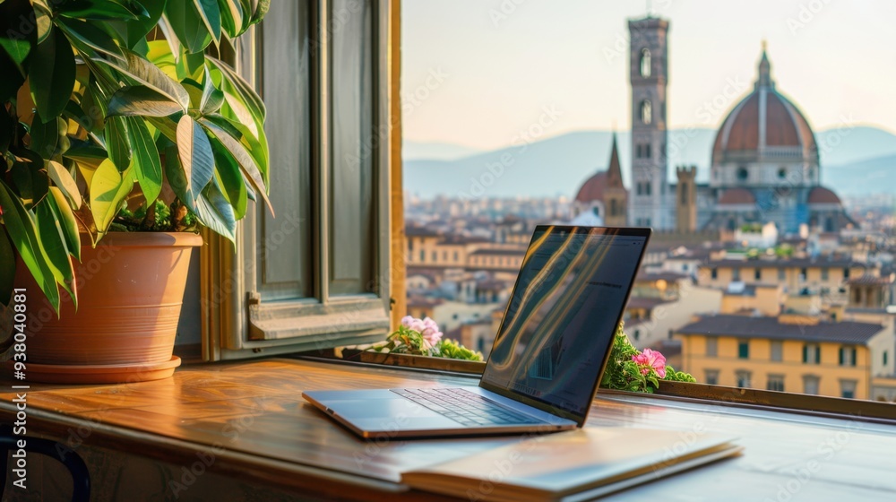 Fototapeta premium A laptop and travel guidebook on a table by a window, with a view of an old European city
