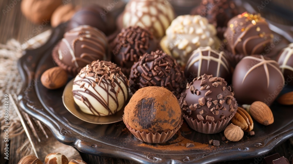 A luxurious plate of gourmet chocolate truffles, each one dusted with cocoa or rolled in nuts A luxurious plate of gourmet chocolate truffles, each one dusted with cocoa or rolled in nuts