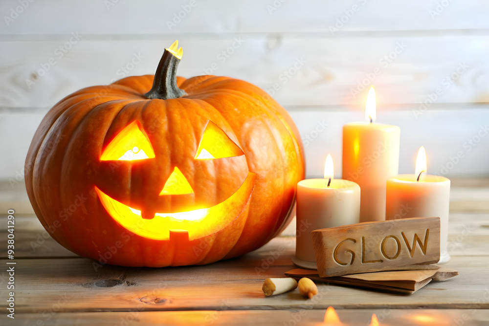 Jack o Lantern and Candle with Glow Text concept as An isolated vector featuring a glowing jack o lantern and a candle with the word Glow in a warm inviting font. The elements are set against a white Jack o Lantern and Candle with Glow Text concept as An isolated vector featuring a glowing jack o lantern and a candle with the word Glow in a warm inviting font. The elements are set against a white