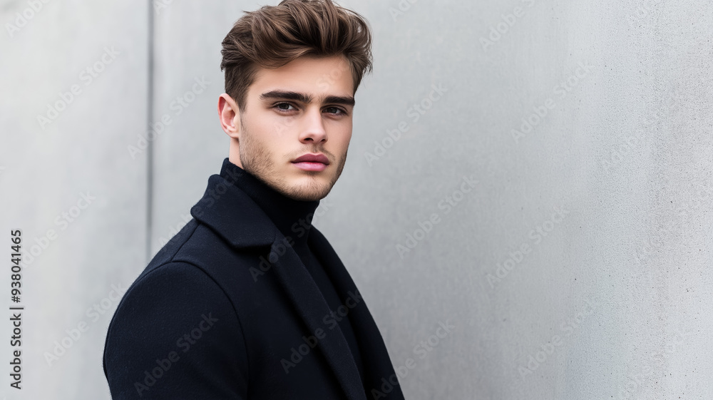 Male model with chiseled jawline standing against a minimalist concrete wall stylish wool coat draped over his shoulders intense expression sleek modern look Male model with chiseled jawline standing against a minimalist concrete wall stylish wool coat draped over his shoulders intense expression sleek modern look