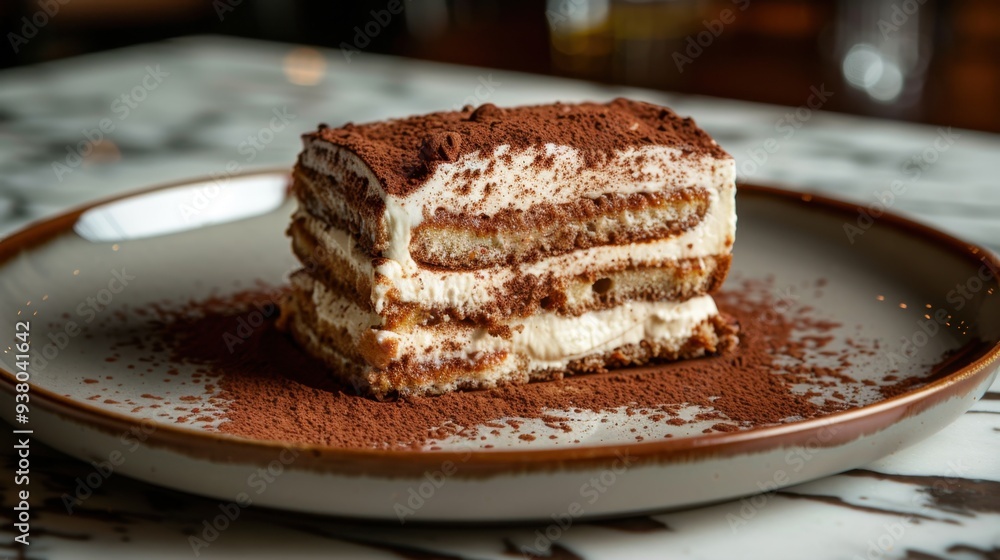 A luxurious slice of tiramisu with layers of mascarpone, espresso-soaked ladyfingers, and cocoa powder A luxurious slice of tiramisu with layers of mascarpone, espresso-soaked ladyfingers, and cocoa powder