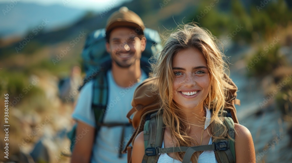 Adventurous Young Couple Hiking Rocky Trail at Sunset with Backpacks - Family Travel and Outdoor Fun Adventurous Young Couple Hiking Rocky Trail at Sunset with Backpacks - Family Travel and Outdoor Fun