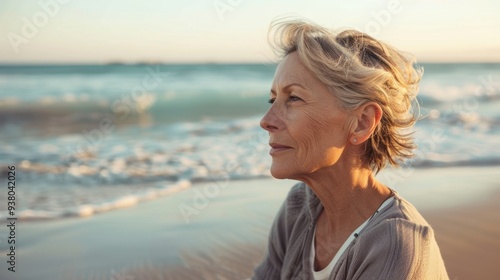 A middle-aged woman enjoying a peaceful afternoon at the beach, with waves gently lapping at the shore