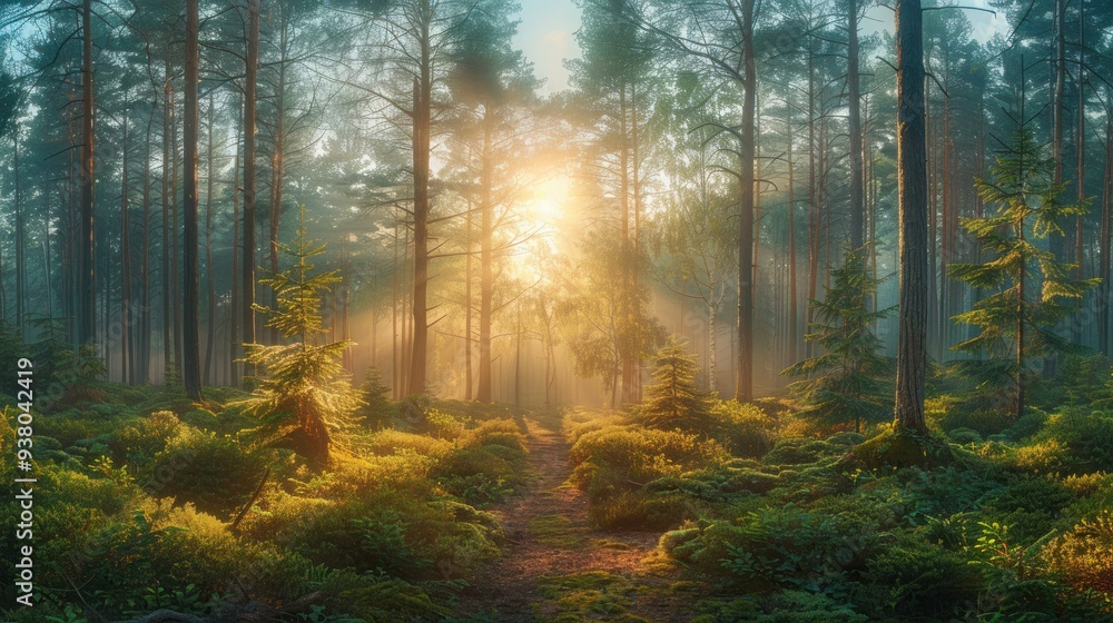 Fototapeta premium Summer Pathway through Pine Forest Panorama in Park