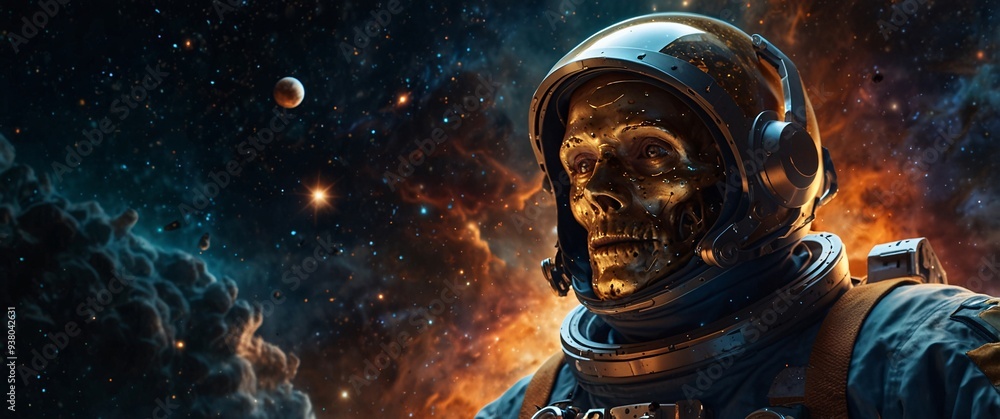 Fototapeta premium Dark Futuristic Spaceship Soars Over Earth, Accompanied by UFO, Astronaut, and Sinister Robot Cyborg in Isolated Space Scene with Skulls, Stars, and Alien Presence